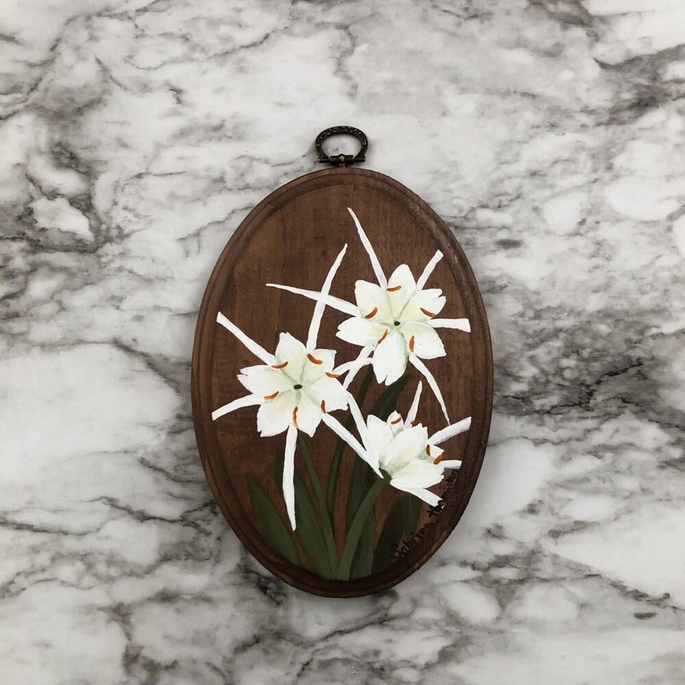Hand Painted Cahaba Lily Wooden Plaque with Vintage Brass Hanger